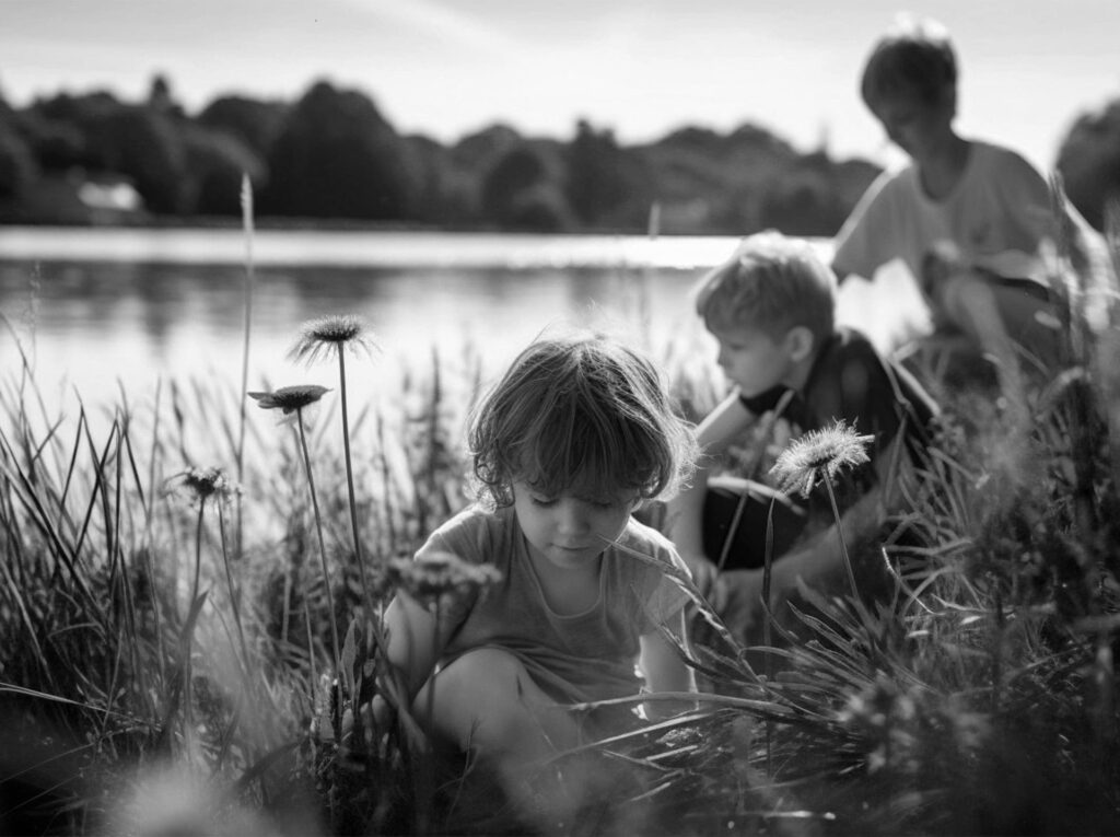 Drei Kinder sitzen im Gras an einem Gewässer in Essen