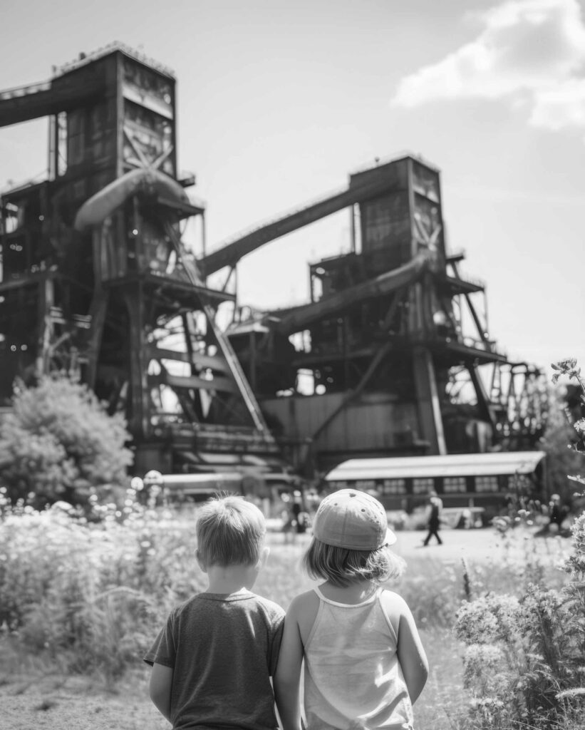 Zwei kleine Jungs halten Händchen vor einer Industriekulisse im Ruhrgebiet